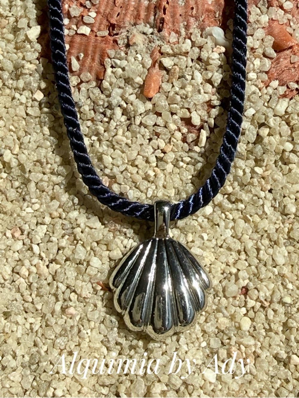 Alquimia Silver Shell Pendant on Navy Cord Necklace